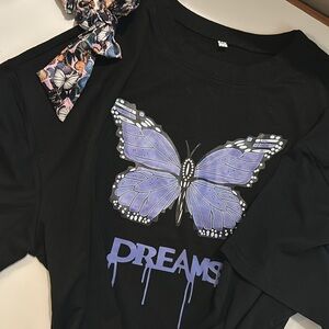 NWOT Black Boxy Crop Top T-Shirt with Purple Butterfly Design